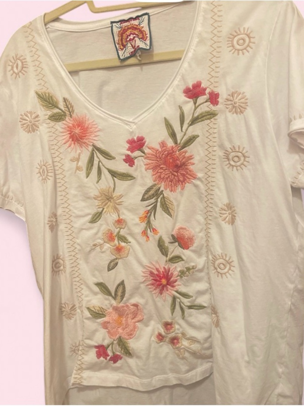 Johnny Was Embroidered V-Neck Floral Cream Women's Top